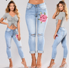 Blue low waist pencil Ripped embroidery jeans woman Stretch Skinny - Women's Bottom - Verzatil 