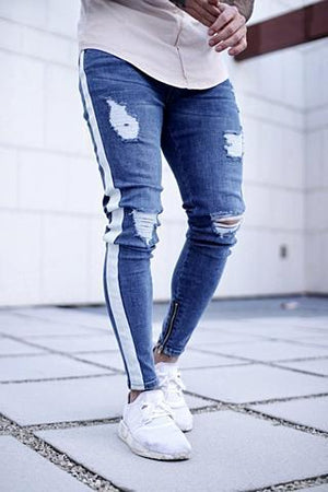 Ripped nostalgic jeans light blue zipper men's Jeans - Verzatil 