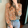 Lantern Sleeve Floral Chiffon Shirt With Lace Bow - Verzatil 