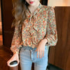 Lantern Sleeve Floral Chiffon Shirt With Lace Bow - Verzatil 