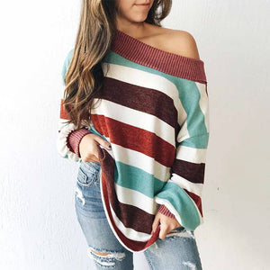 Striped round neck thread stitching women's sweater - Verzatil 