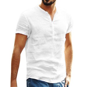 Stand-up collar cotton and linen short-sleeved shirt - Verzatil 