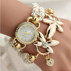 Luxury Pearl Bracelet Wristwatch Elegant Flowers Rhinestone Quartz Women Watch. - Verzatil 