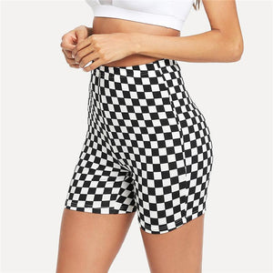 Black and white chess printing tight yoga shorts sexy women's high waist  shorts - Verzatil 