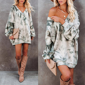 Tie-Dye Printed Long-Sleeved V-Neck Loose Casual Home Sweater - Verzatil 